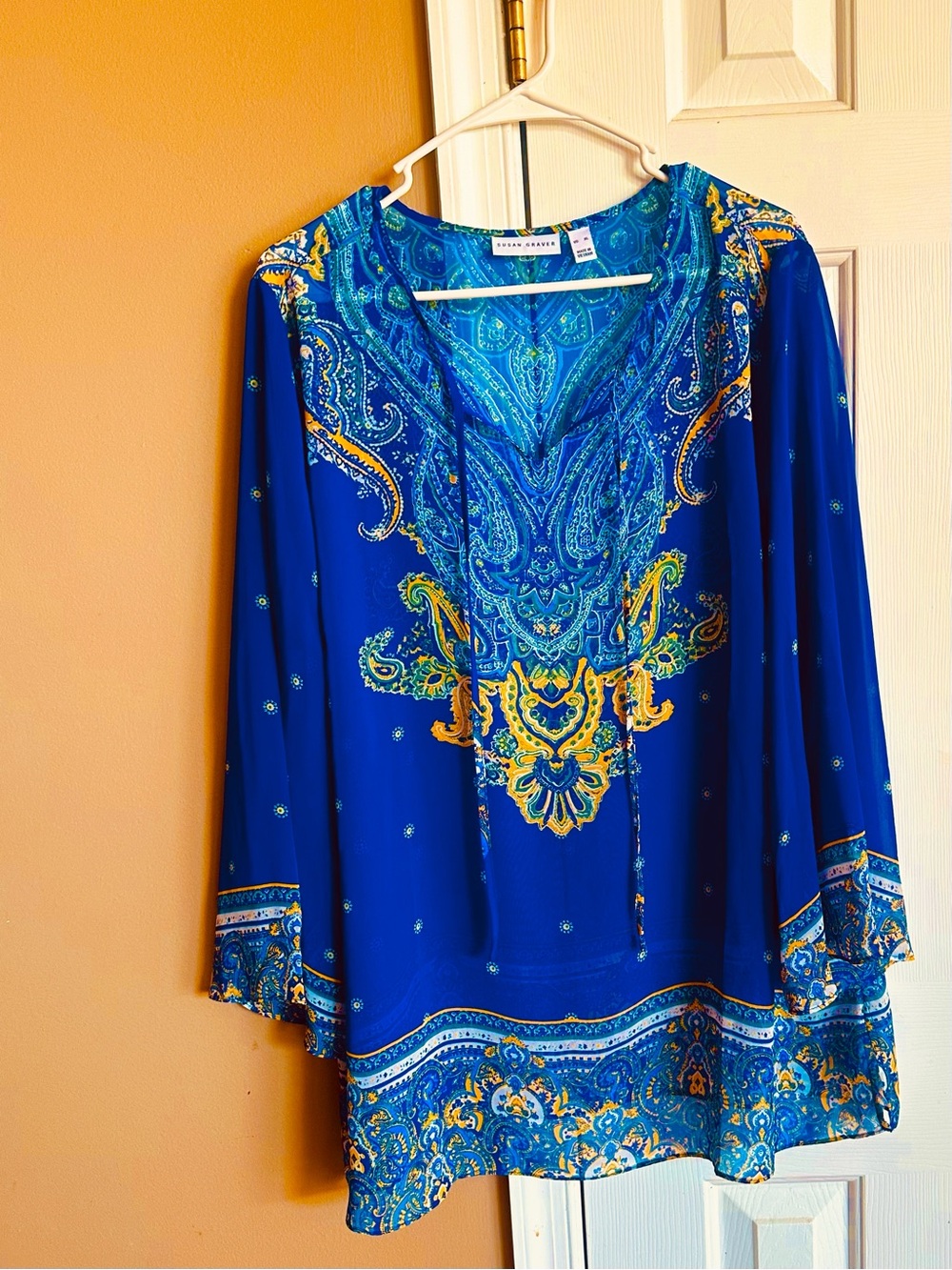 Susan Graver XL Cobalt Blue Paisley V-Neck Tunic with Yellow Accents - Picture 4 of 6